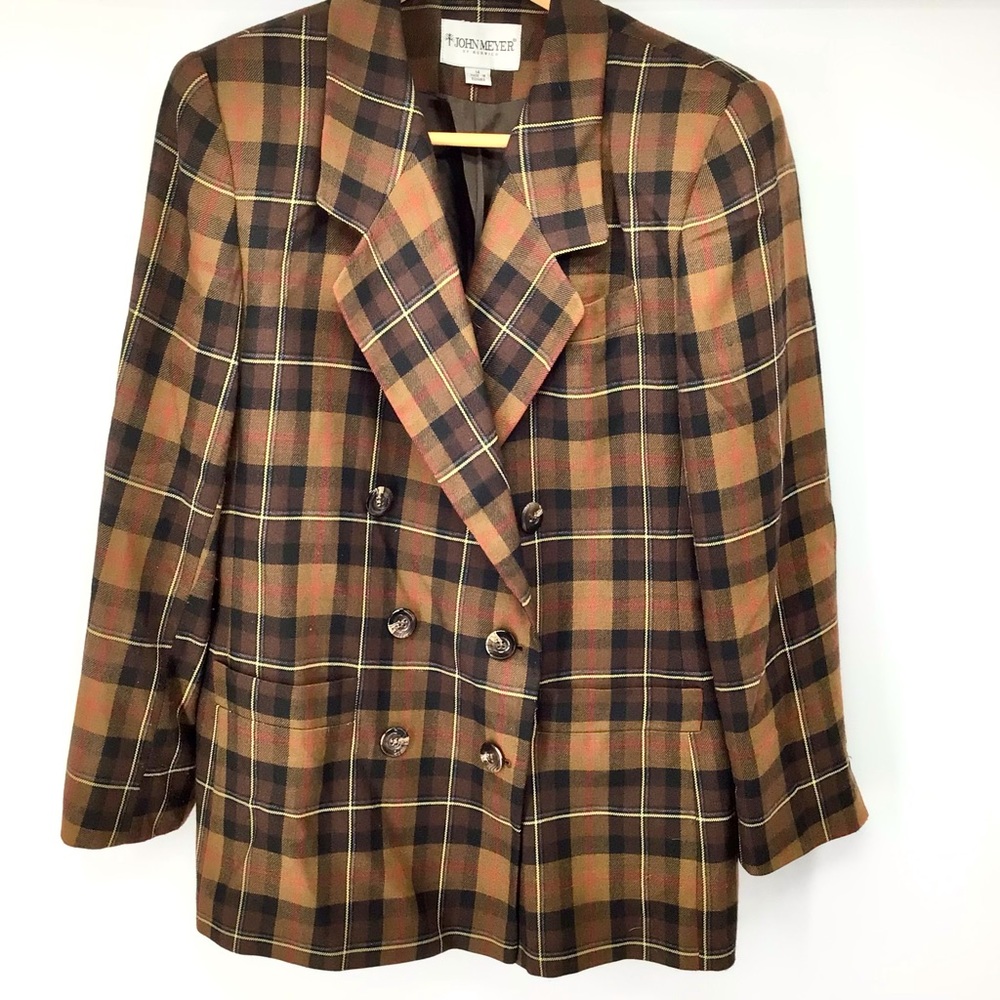 John Meyer of Norwich Double Breasted Buttons Shoulder Pads Plaid Blazer Size 14